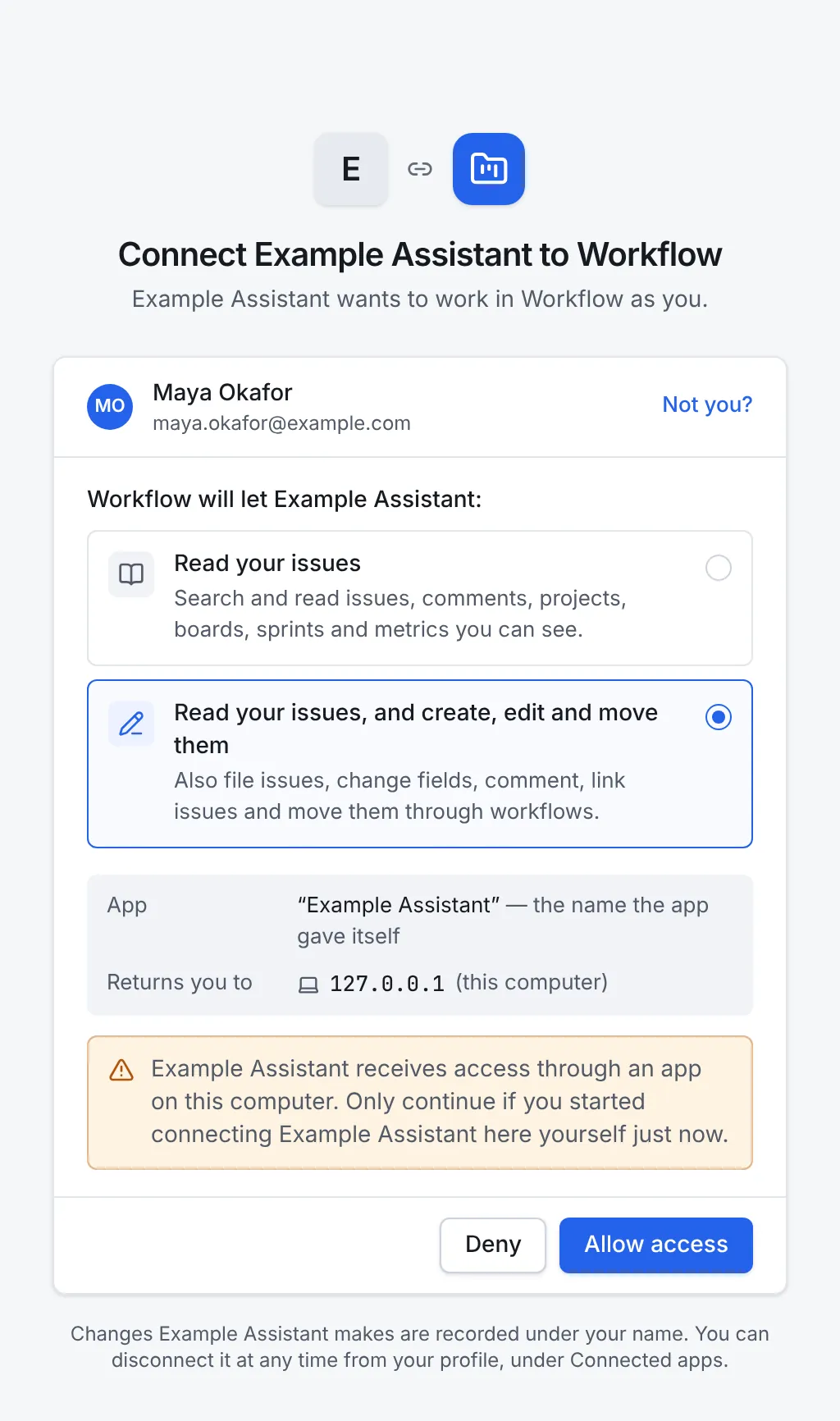 The consent page: Connect Example Assistant to Workflow, the signed-in account with Not you?, a choice between read-only and read and write access, the app's name and the address it returns to, a warning to continue only if you started this yourself, and Deny and Allow access buttons