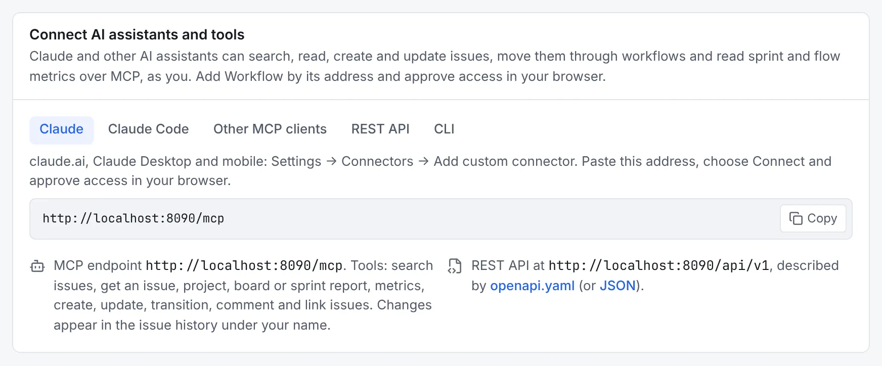 Profile, Connect AI assistants and tools: tabs for Claude, Claude Code, Other MCP clients, REST API and CLI, with the Claude tab showing the steps and the MCP address with a Copy button