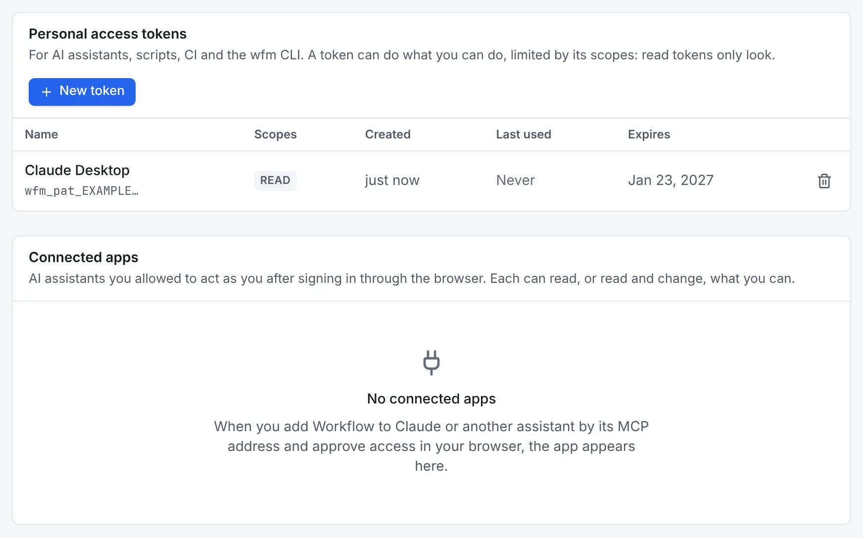 The Personal access tokens list with a read-only token named Claude Desktop, and an empty Connected apps section