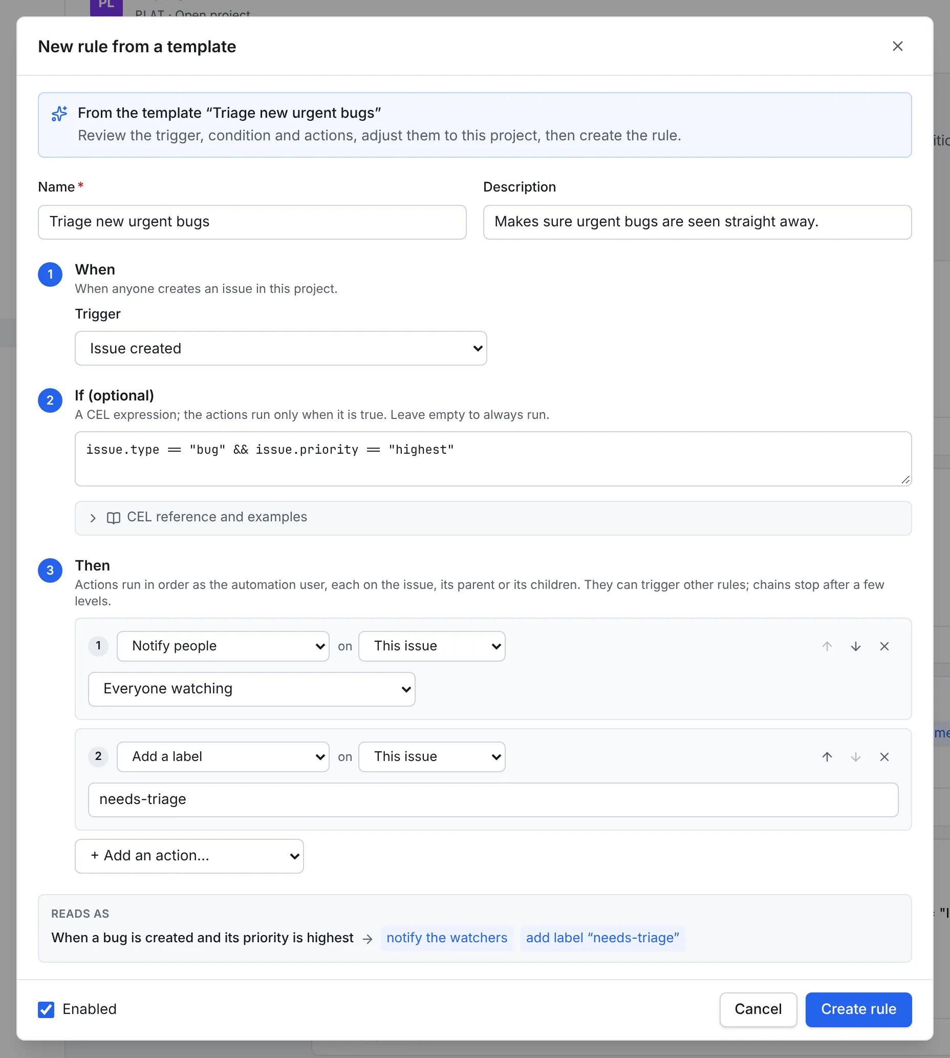The New rule from a template dialog: name and description, the trigger Issue created, the condition for highest-priority bugs, the actions Notify people and Add a label, and the Reads as sentence