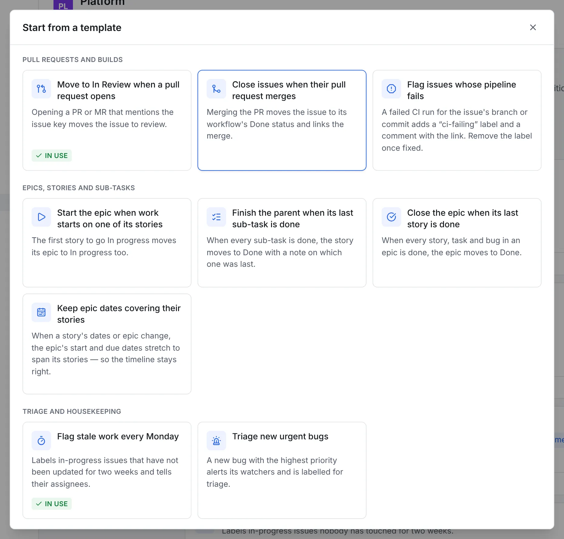 The Start from a template dialog with the three groups of templates, two of them marked In use