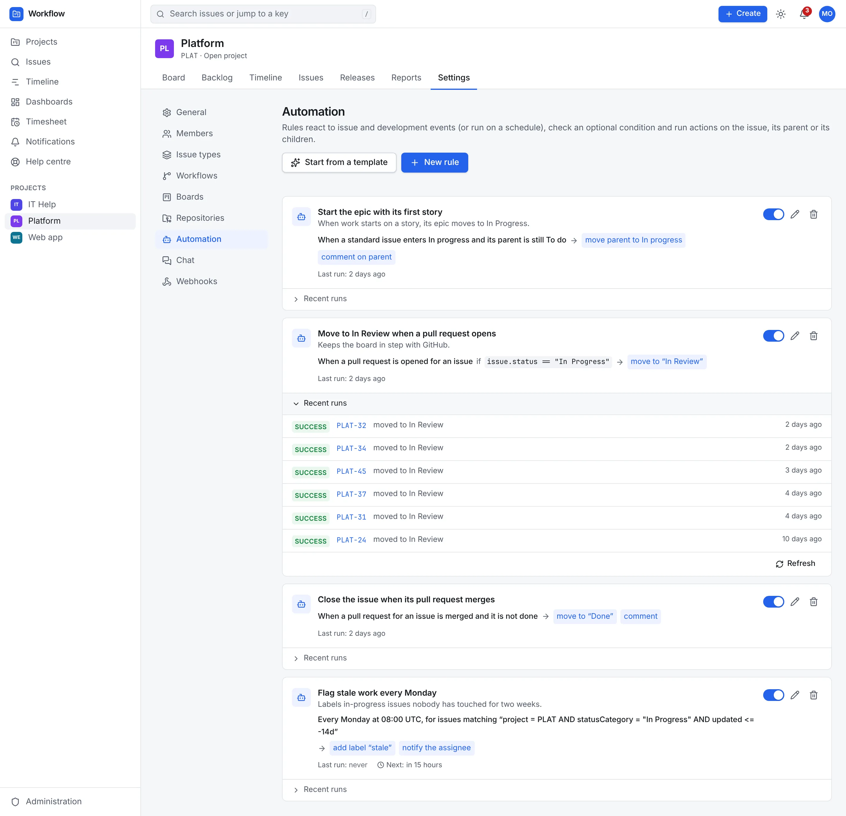 Project settings, Automation: four rules, each with a summary sentence, its last run, an on switch, edit and delete buttons, and one rule's recent runs expanded, all successful