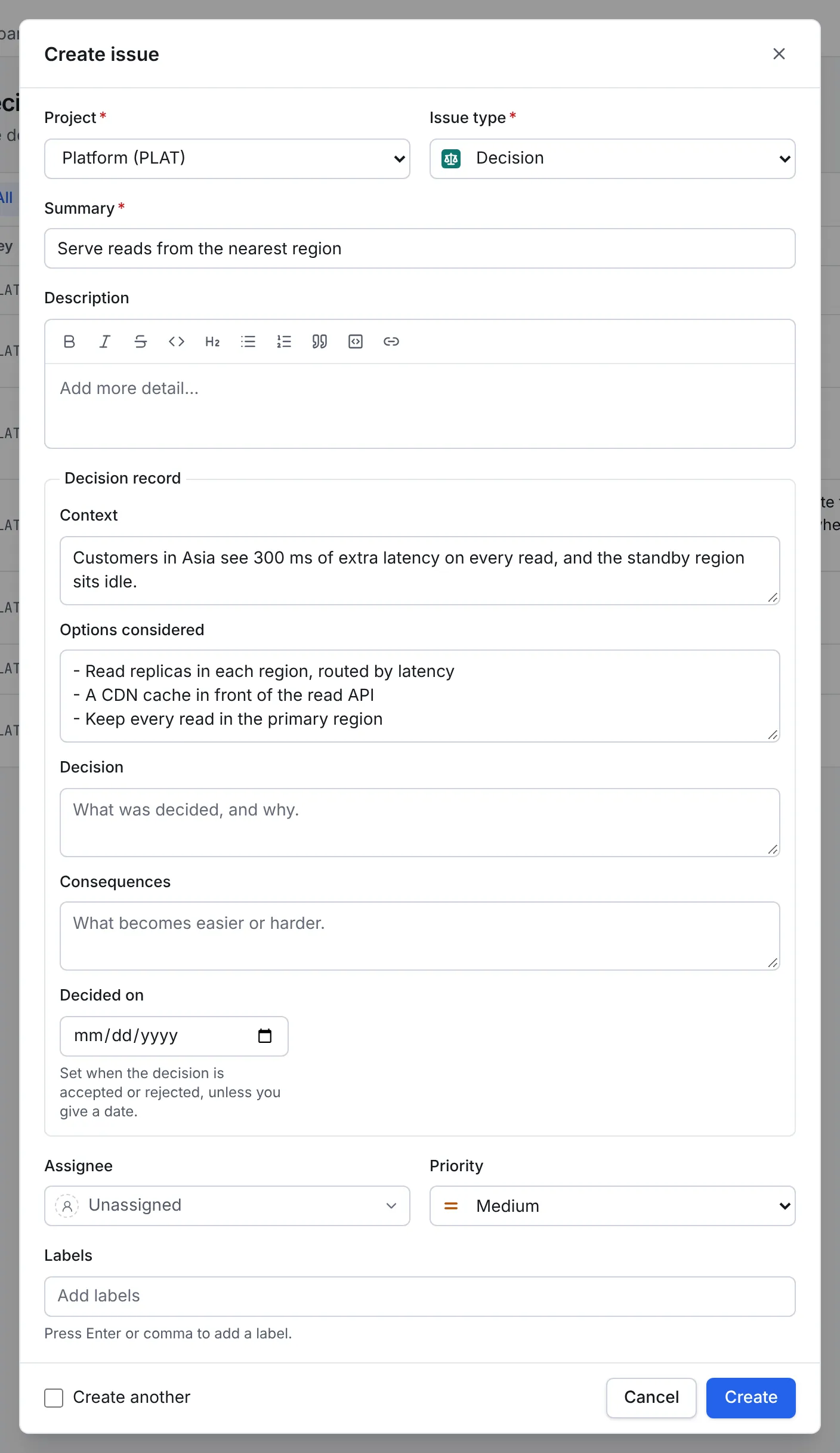 The Create issue dialog set to Decision, with the summary Serve reads from the nearest region, its context and three options considered; the Decision, Consequences and Decided on fields are still empty