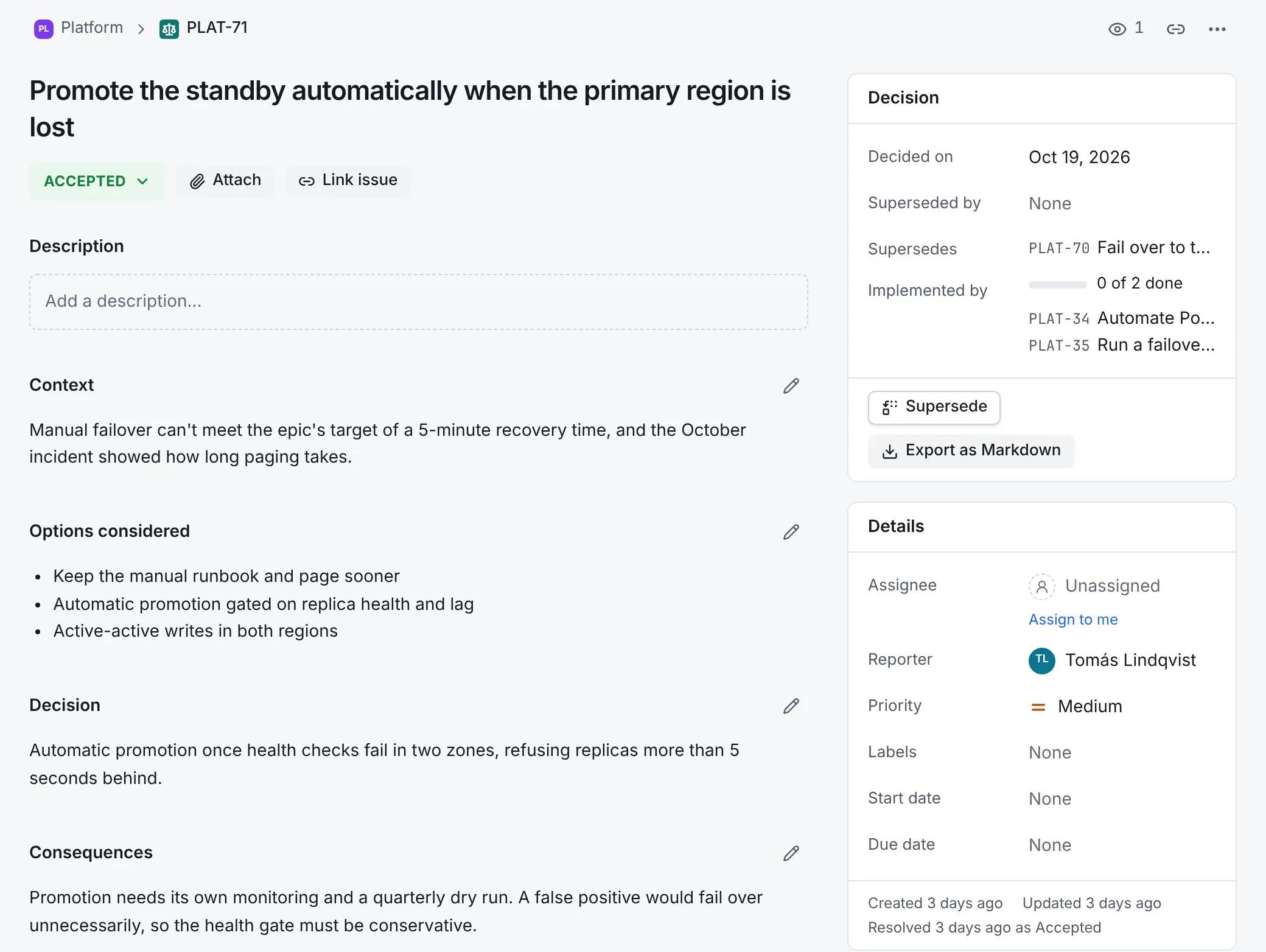 A decision's page: Promote the standby automatically when the primary region is lost, Accepted, with its context, options considered, decision and consequences, and a Decision panel showing Decided on Oct 19, 2026, Supersedes PLAT-70, Implemented by two issues with 0 of 2 done, and the Supersede and Export as Markdown buttons