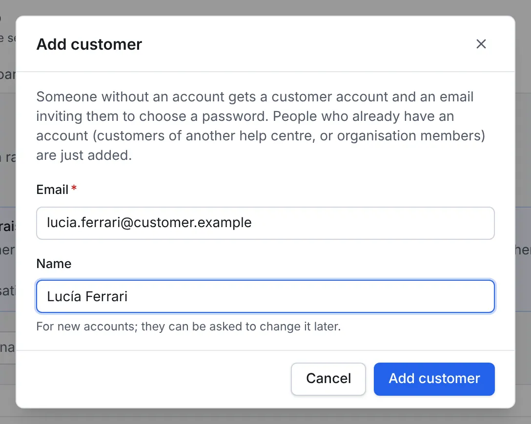 The Add customer dialog with an email address and a name