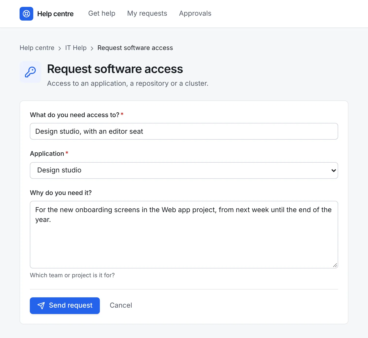 The help centre form for Request software access, as the customer Isabel Duarte: what she needs access to, the application chosen from a list, and why she needs it