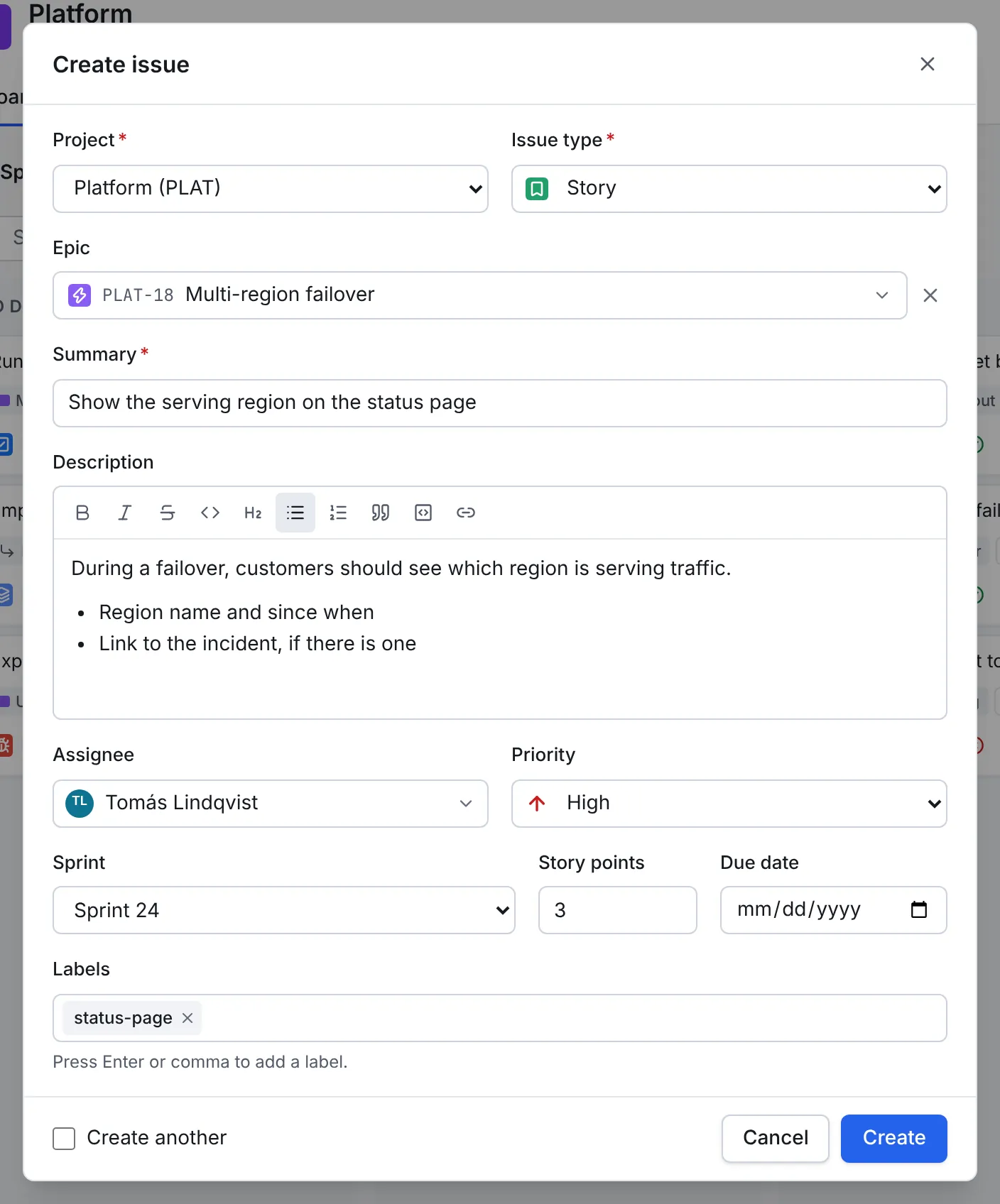 The Create issue dialog: project Platform, type Story, epic PLAT-18, a summary, a description with a bulleted list, assignee, priority High, Sprint 24, 3 story points and the label status-page