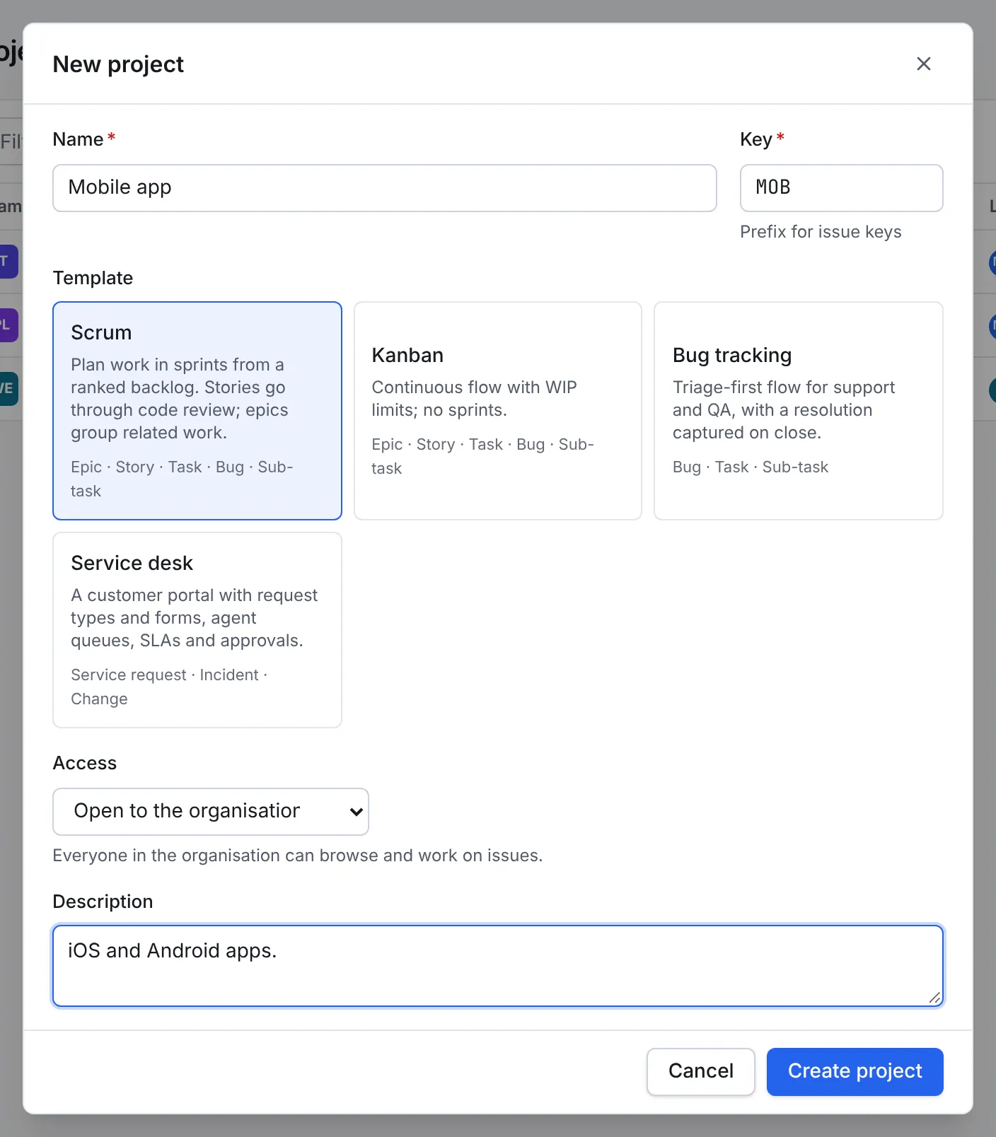 The New project dialog with the name Mobile app, the key MOB, the Scrum template selected and access open to the organisation