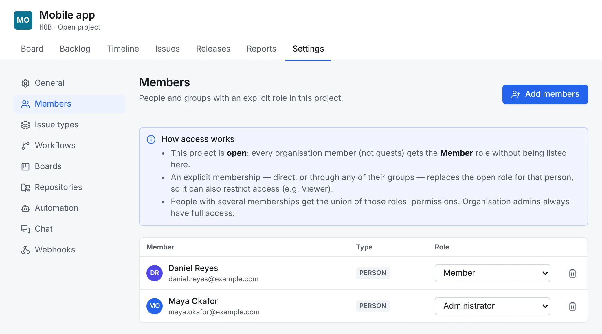 Project settings, Members: the How access works box, then Daniel Reyes as Member and Maya Okafor as Administrator, each with a role select and a remove button