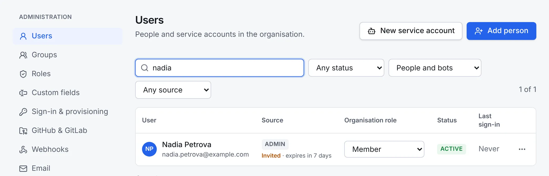 The Users list filtered to Nadia Petrova: source Admin, invited and expiring in 7 days, organisation role Member, status Active and last sign-in Never