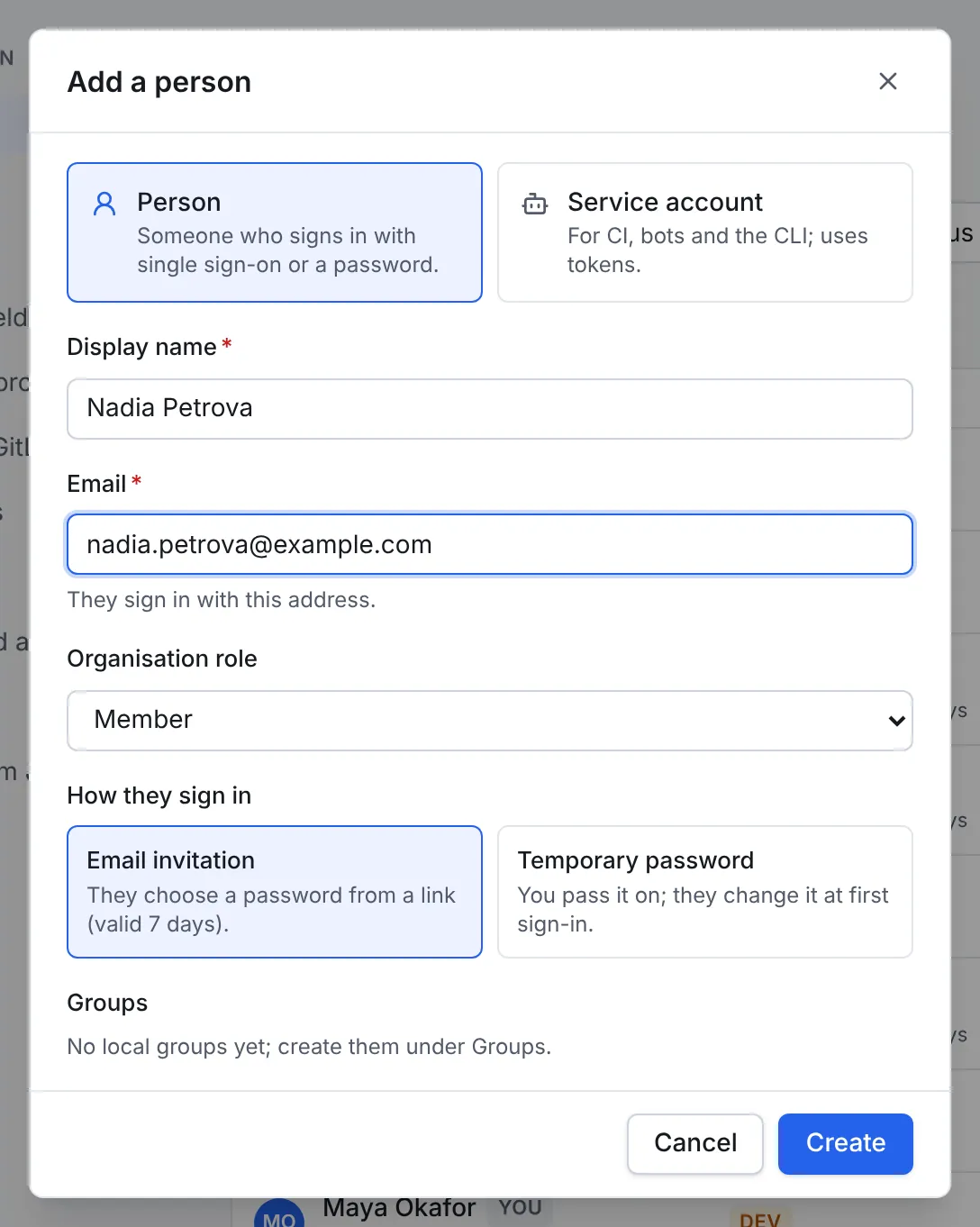 The Add a person dialog: Person selected, the display name Nadia Petrova, her email address, the organisation role Member and Email invitation selected