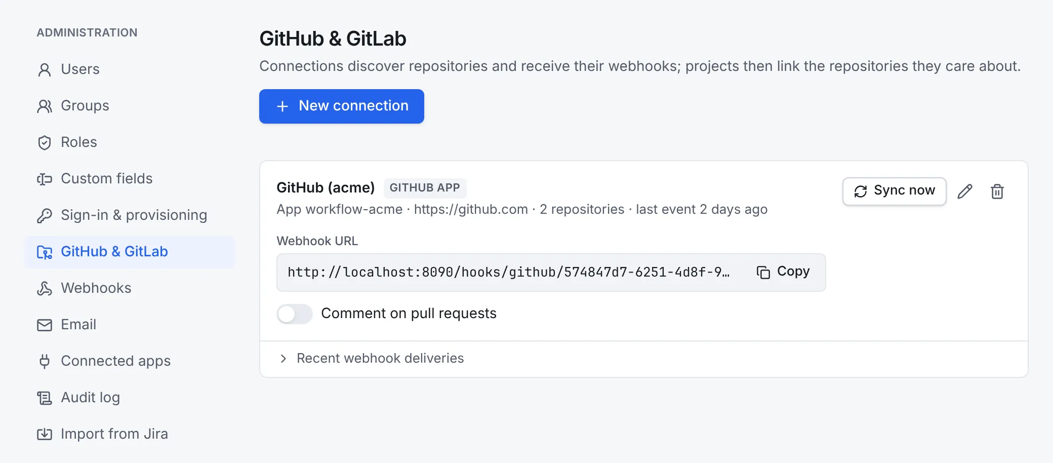 Administration, GitHub and GitLab: a GitHub App connection named GitHub (acme) with 2 repositories and its last event 2 days ago, its webhook URL with a Copy button, the Comment on pull requests switch, and Sync now