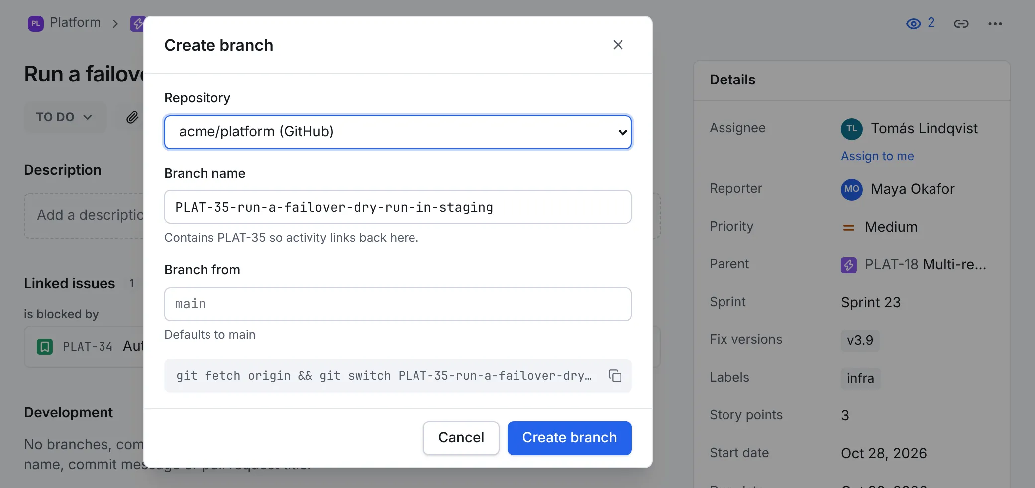 The Create branch dialog on PLAT-35: the repository acme/platform, the branch name PLAT-35-run-a-failover-dry-run-in-staging, Branch from left empty for main, and a git fetch and switch command to copy