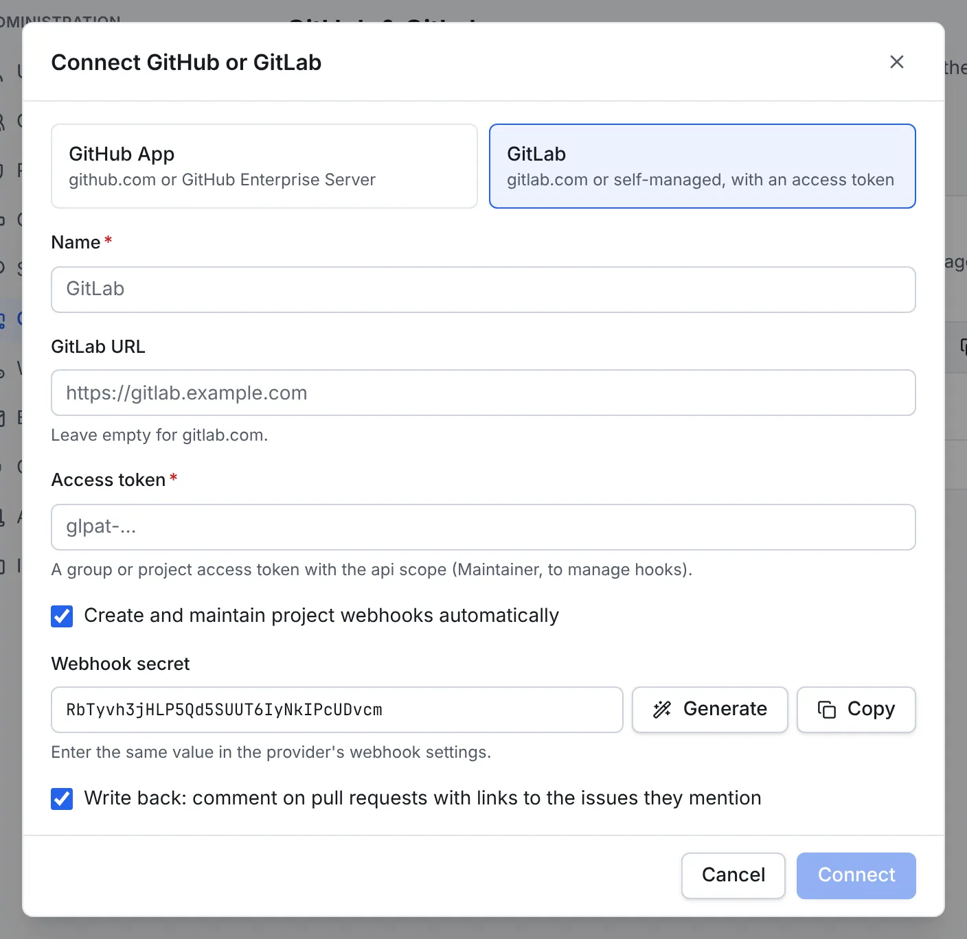 The Connect GitHub or GitLab form with GitLab selected: name, GitLab URL, access token, the automatic webhooks checkbox, a webhook secret and the Write back checkbox