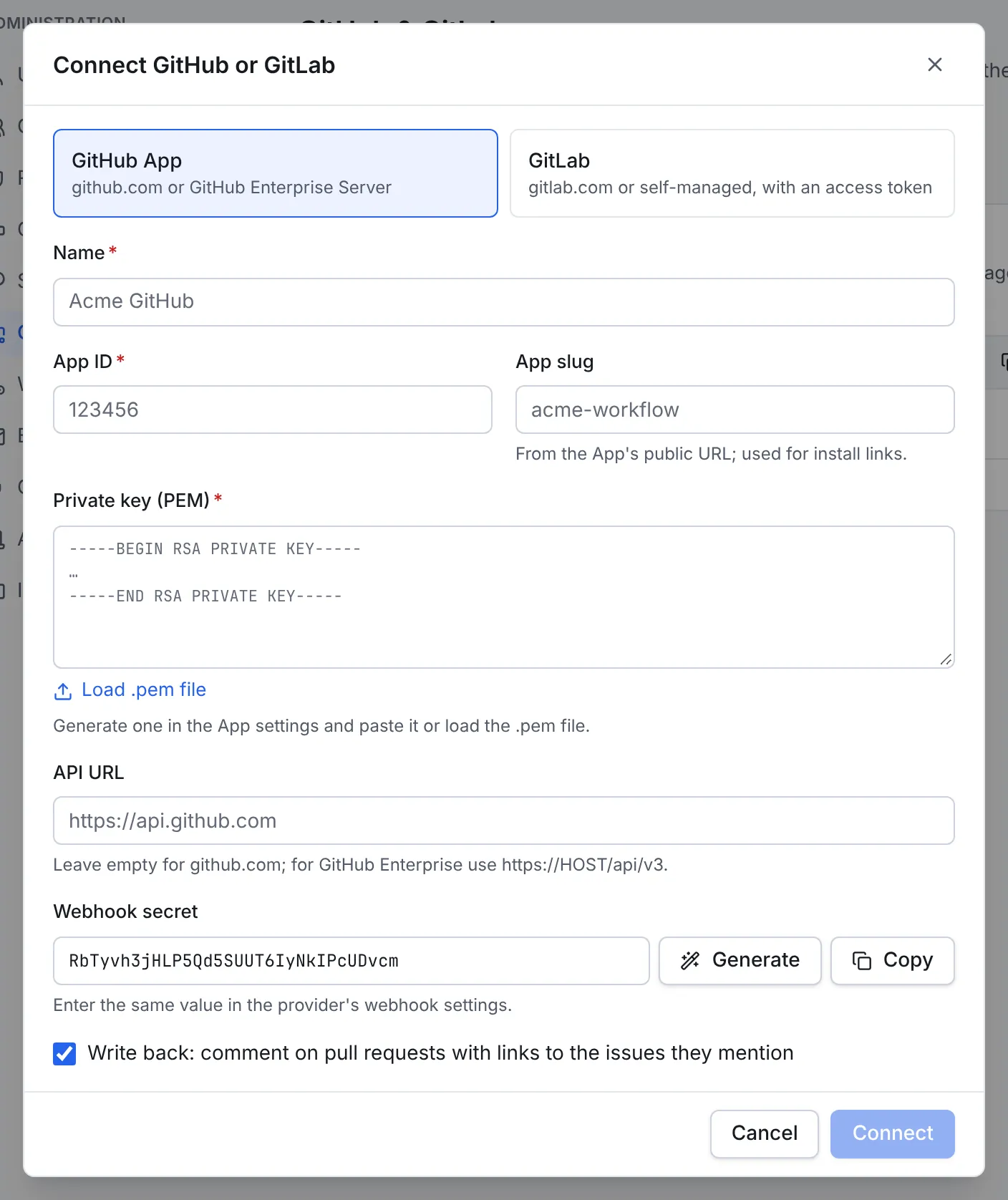 The Connect GitHub or GitLab form with GitHub App selected: name, App ID, App slug, private key, API URL, a generated webhook secret with Generate and Copy buttons, and the Write back checkbox