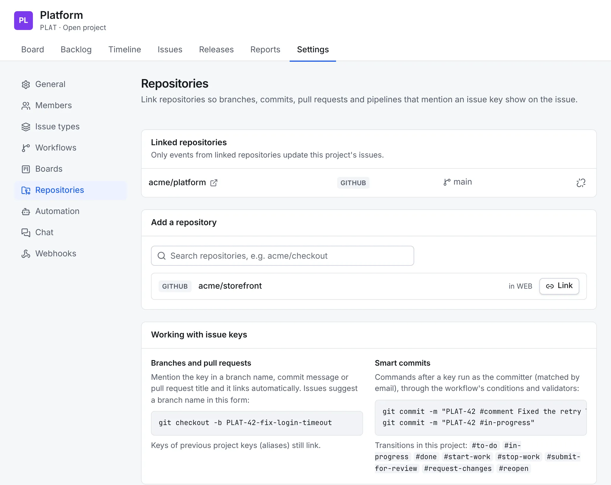 Project settings, Repositories: acme/platform linked, a search box to add another, acme/storefront with a Link button, and a Working with issue keys card with examples