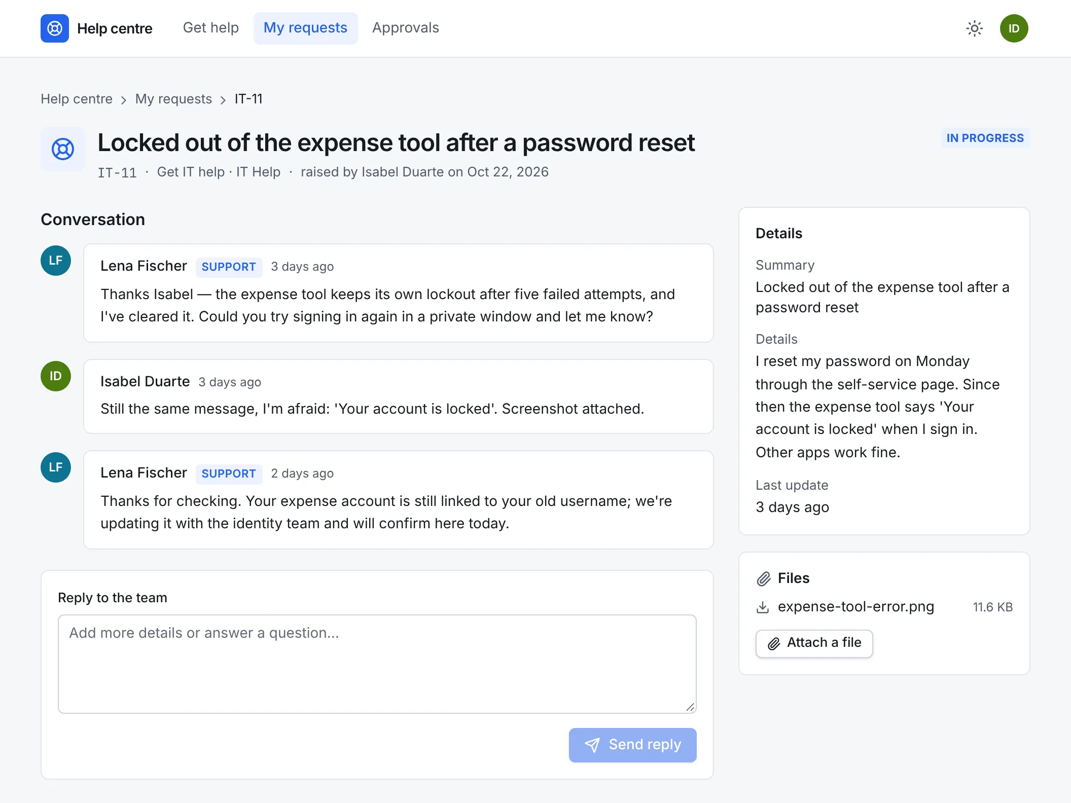 A request in the help centre: its title, status In Progress, the conversation with the support team's replies and the customer's, a reply box, details from the form, and an attached file