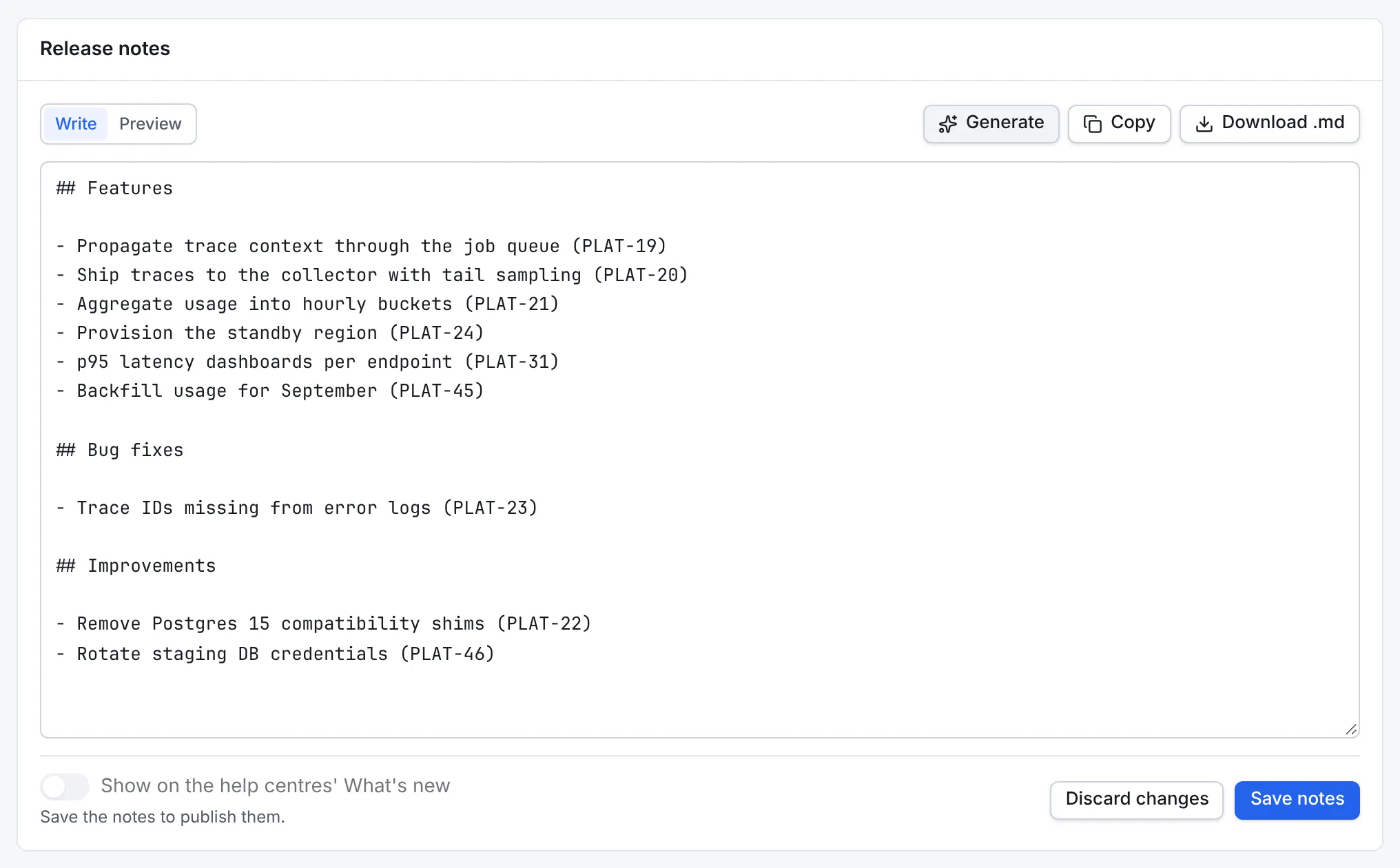 The release notes editor after Generate: Features, Bug fixes and Improvements sections listing the release's done issues with their keys, and the Save notes and Discard changes buttons