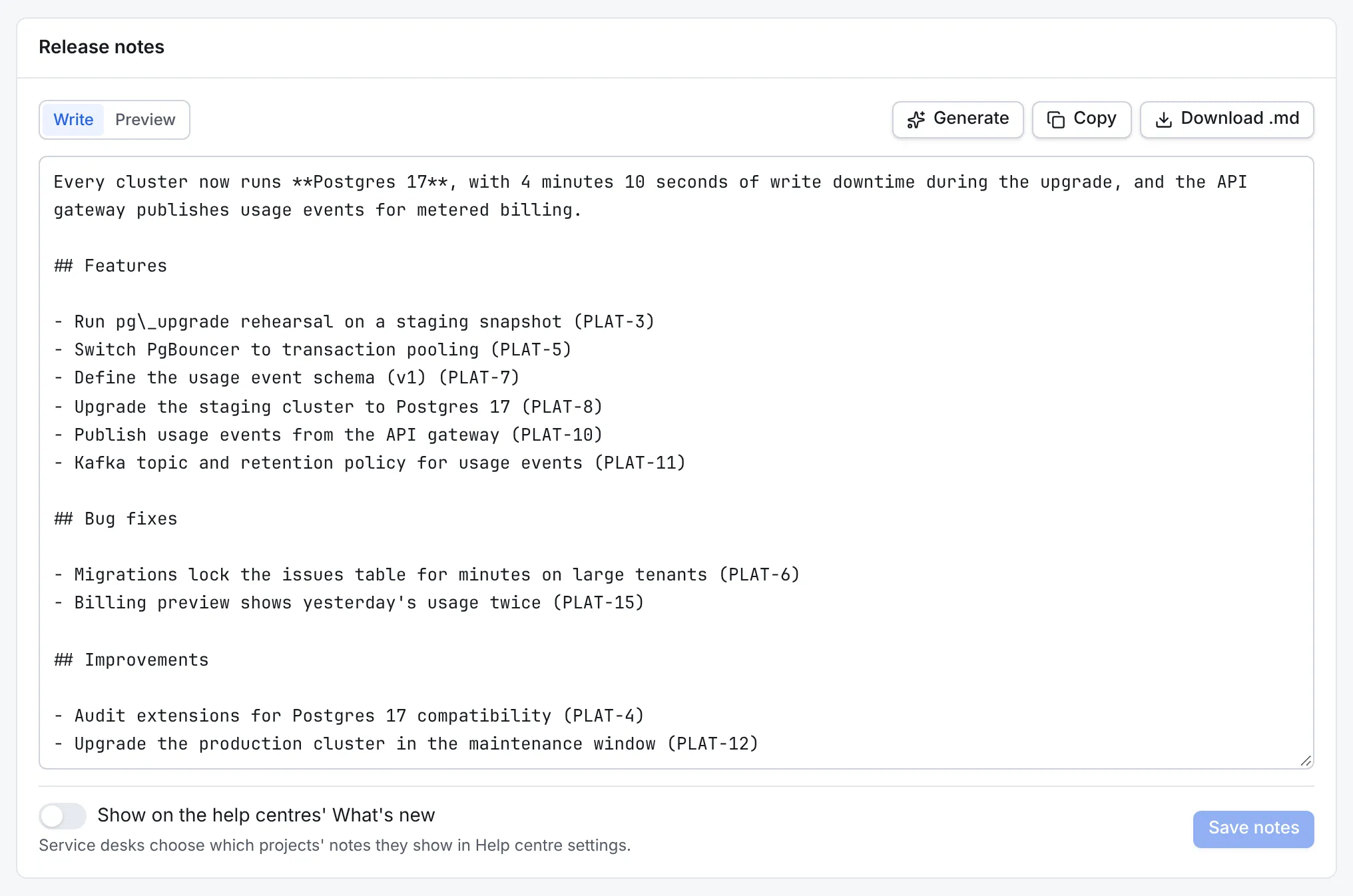 The saved release notes of v3.8: an introduction about Postgres 17 and usage events, then Features, Bug fixes and Improvements, with the Show on the help centres' What's new switch below