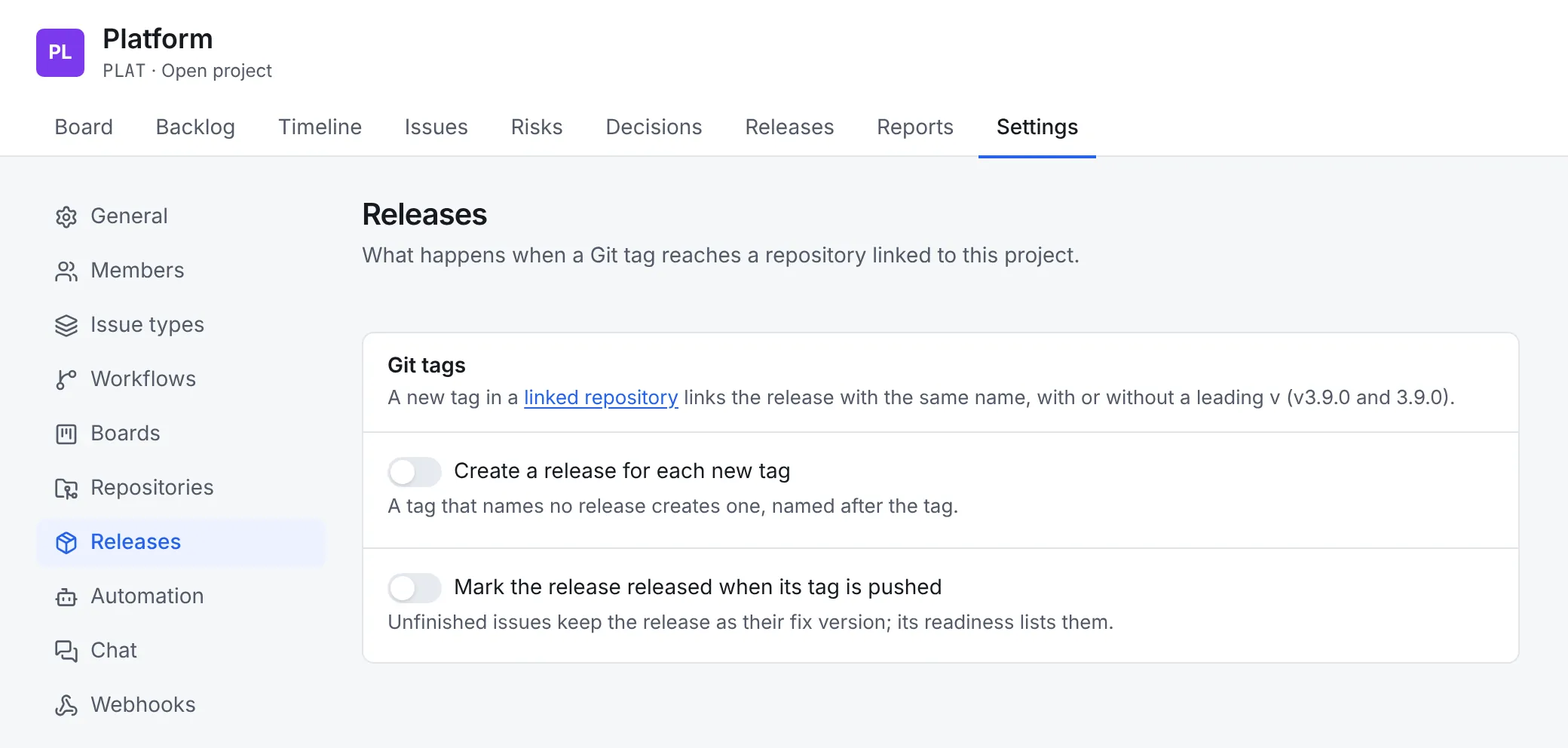 The Releases settings: Git tags, with the switches Create a release for each new tag and Mark the release released when its tag is pushed, both off