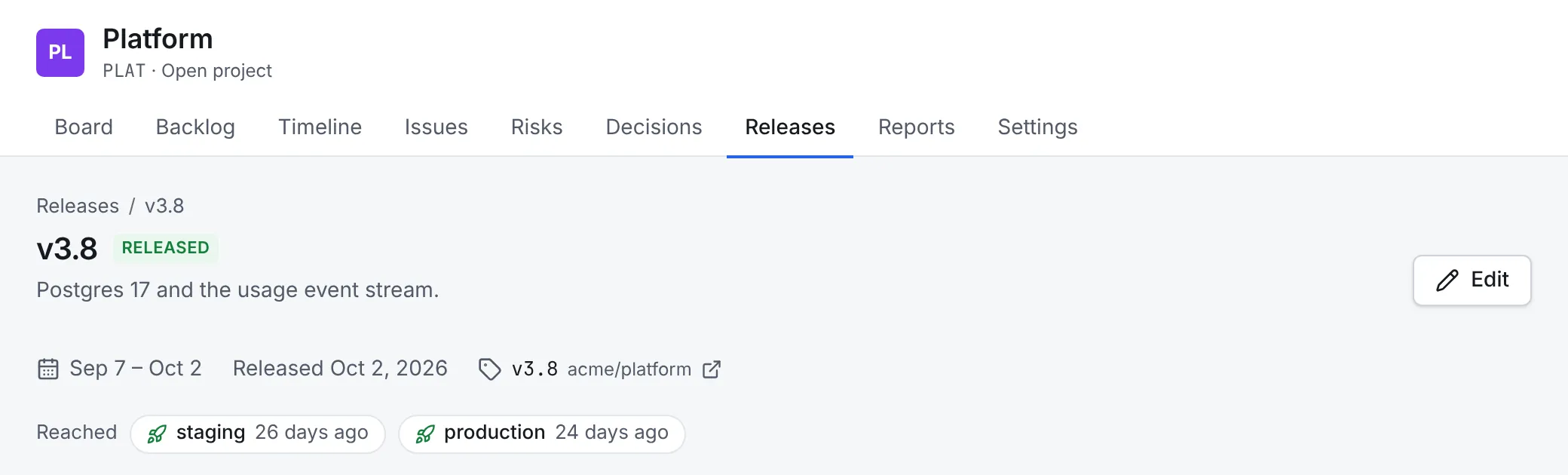 The v3.8 release page header: released on Oct 2, 2026, the tag v3.8 in acme/platform, and Reached: staging 26 days ago and production 24 days ago
