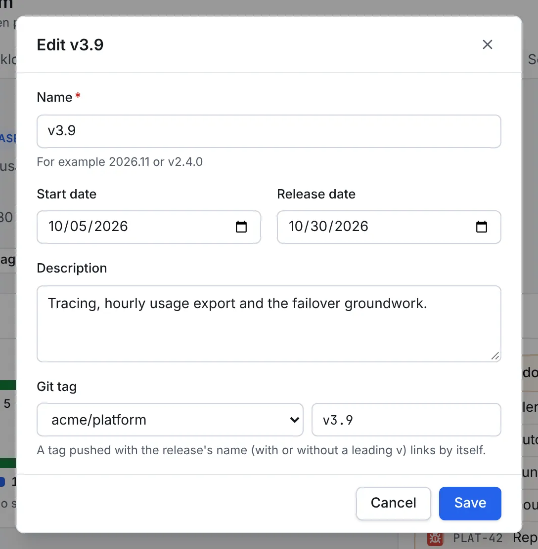 The Edit v3.9 dialog with the Git tag set to the repository acme/platform and the tag v3.9, and the hint A tag pushed with the release's name (with or without a leading v) links by itself