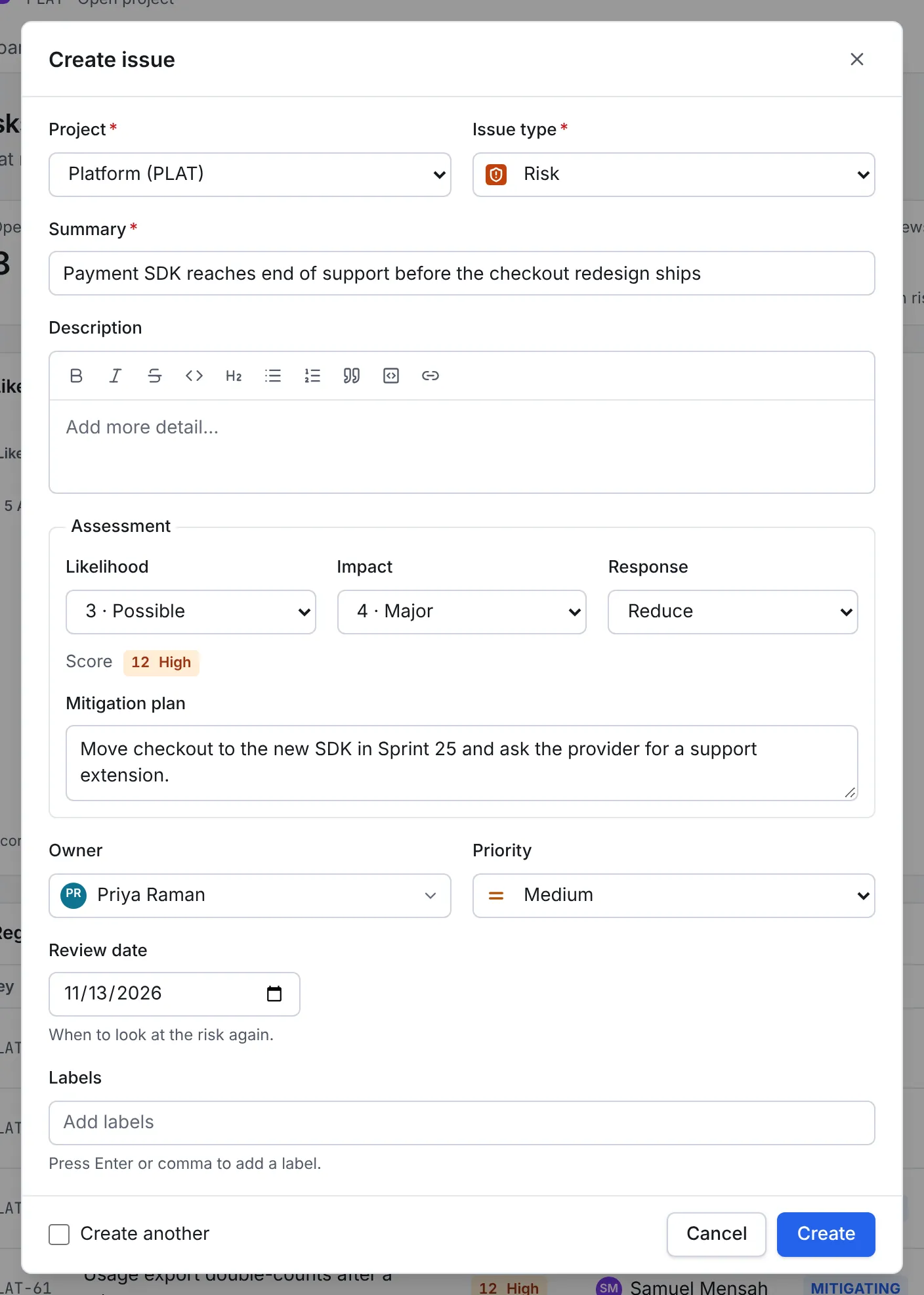 The Create issue dialog set to Risk: a summary, likelihood 3 Possible, impact 4 Major, response Reduce, a mitigation plan, Priya Raman as the owner and a review date of 13 November 2026