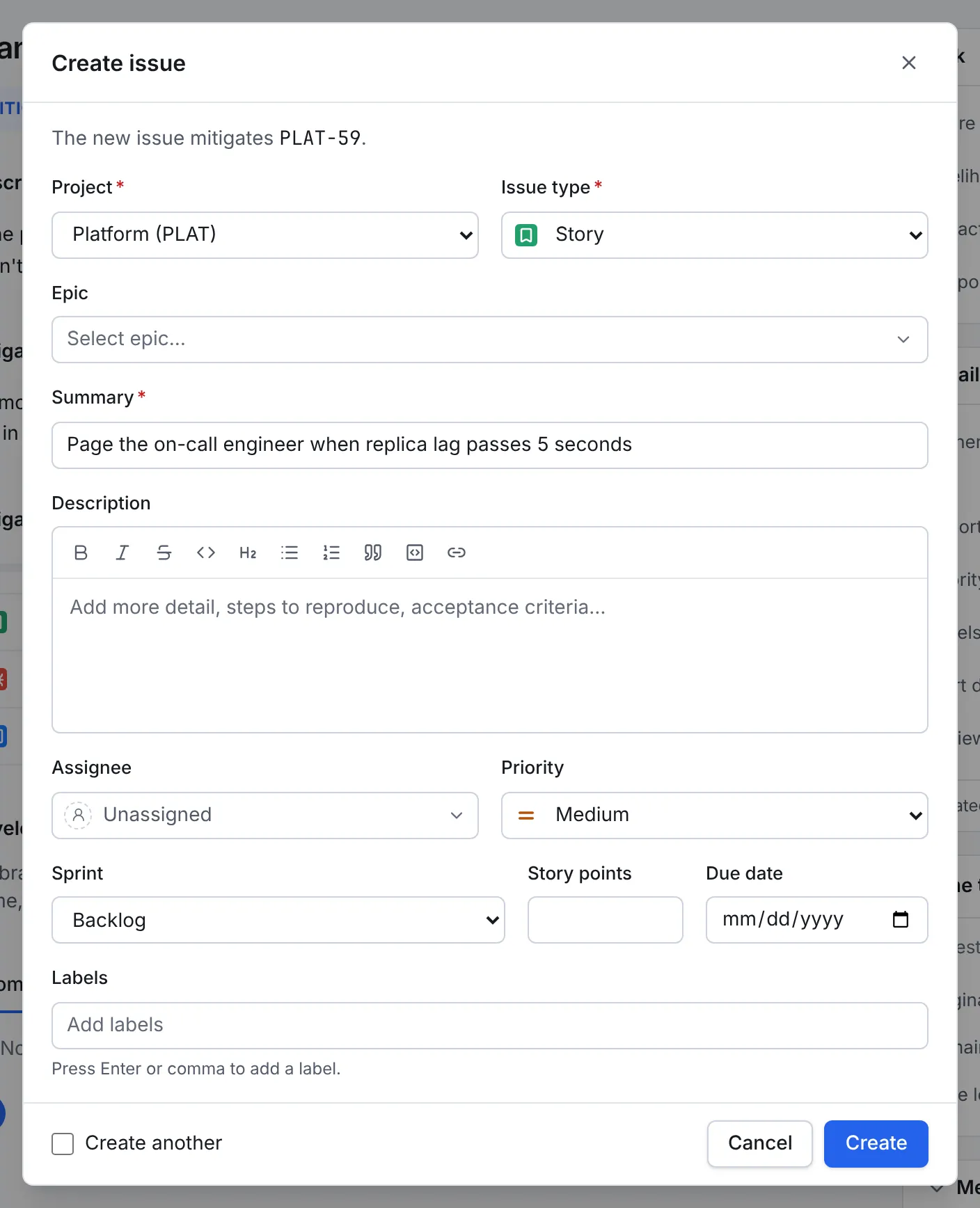 The Create issue dialog opened from the risk: The new issue mitigates PLAT-59, then the project, issue type Story, epic, the summary Page the on-call engineer when replica lag passes 5 seconds, and the usual planning fields
