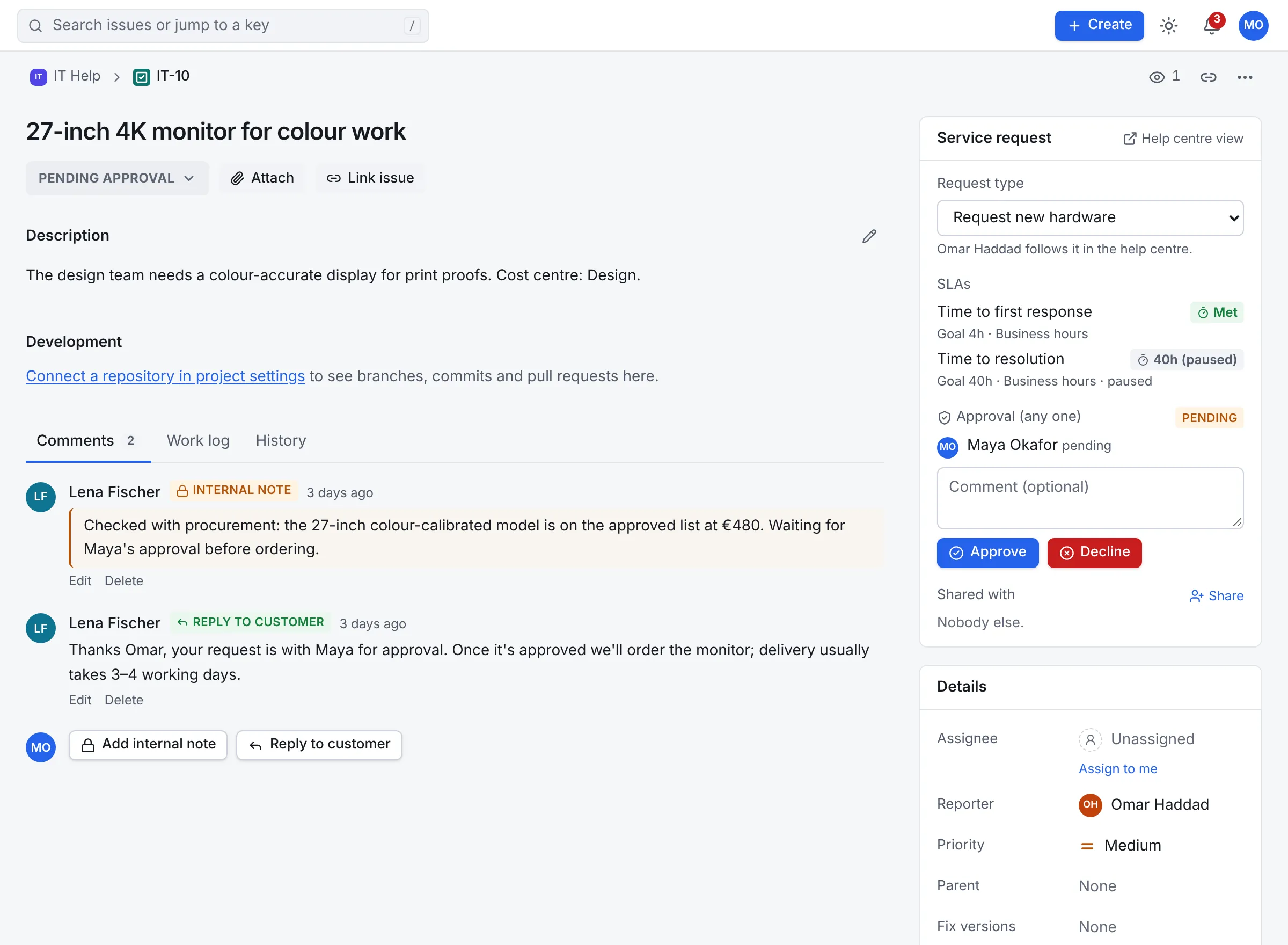 A service request waiting for approval: the description, an internal note and a reply to the customer, and the Service request panel with its request type, SLA clocks, and an approval pending from Maya Okafor with Approve and Decline buttons