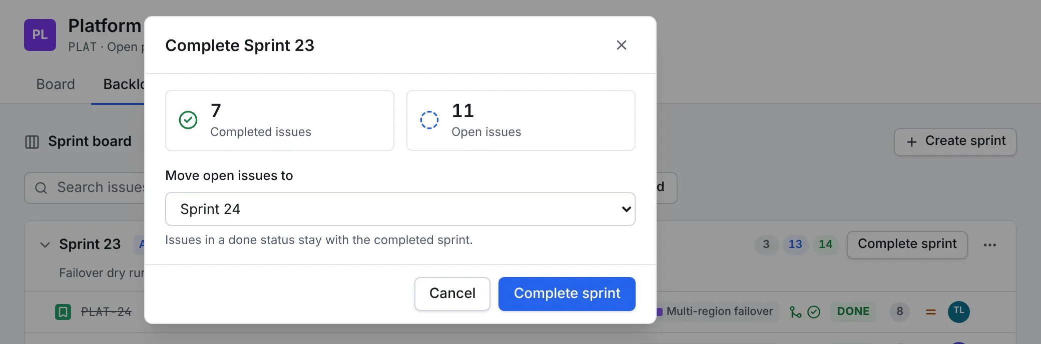 The Complete Sprint 23 dialog: 7 completed issues, 11 open issues, and Move open issues to set to Sprint 24