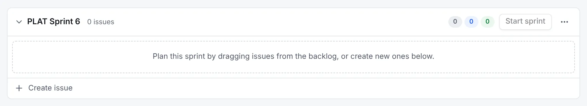 A new, empty sprint named PLAT Sprint 6 with 0 issues, the text Plan this sprint by dragging issues from the backlog, or create new ones below, and a Start sprint button