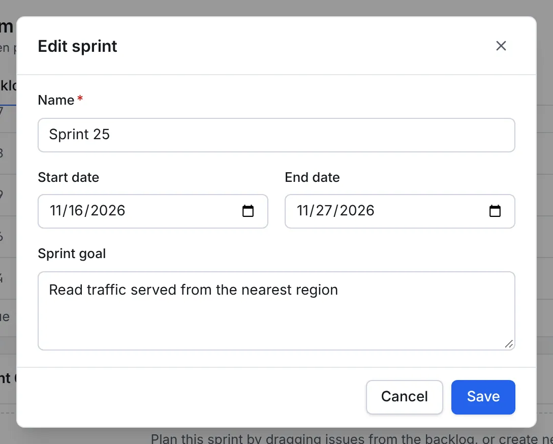 The Edit sprint dialog with the name Sprint 25, a start date of 16 November 2026, an end date of 27 November 2026 and the goal Read traffic served from the nearest region