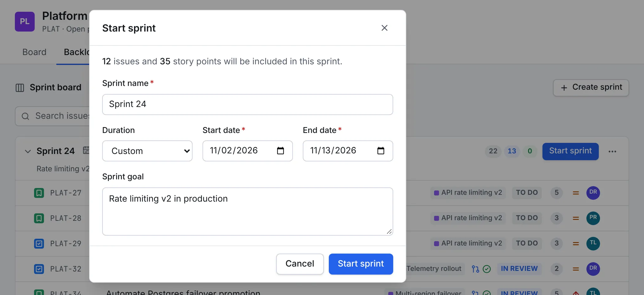 The Start sprint dialog over the backlog: 12 issues and 35 story points will be included, the sprint name Sprint 24, duration Custom, start and end dates, and the goal Rate limiting v2 in production