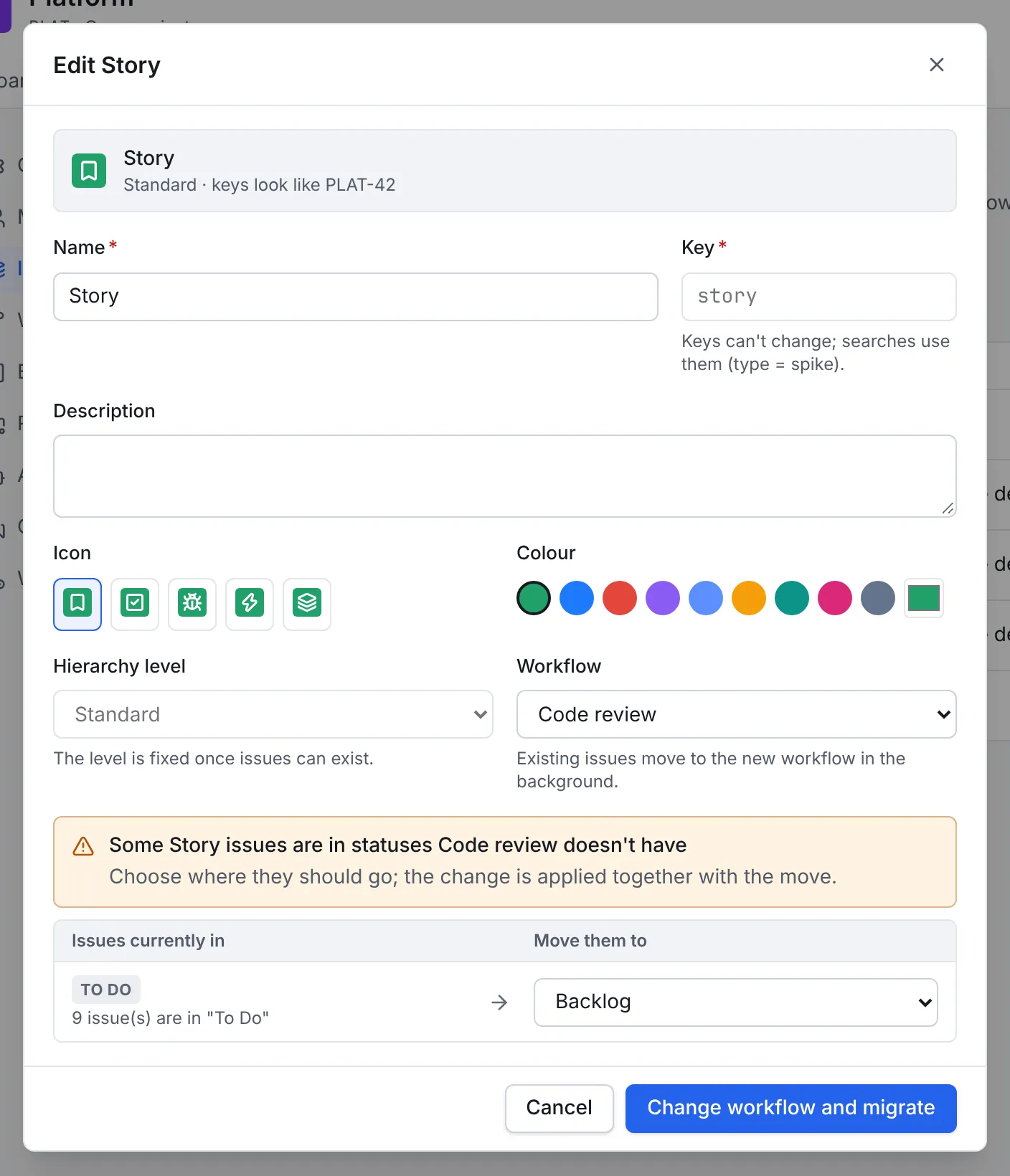 The Edit Story dialog with the workflow changed to Code review, and a mapping step: issues currently in To Do move to Backlog