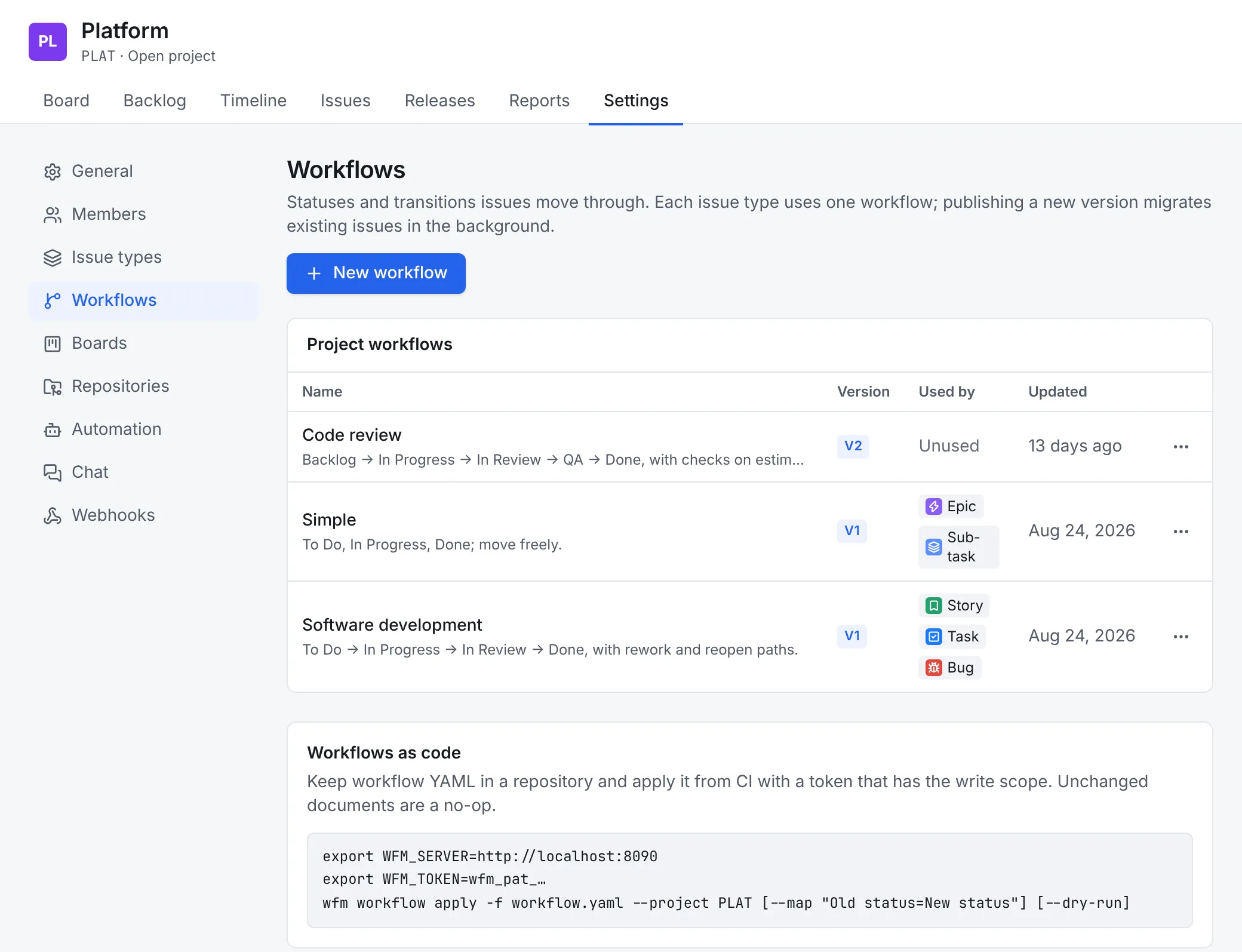 Project settings, Workflows: three workflows with their versions and the issue types using them, a New workflow button, and a Workflows as code card with the wfm workflow apply command